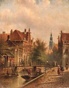 View of a canal in Amsterdam, with figures on a quay