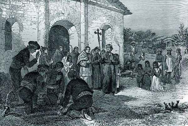 Spanish Mission of the Alamo, from The Romance of Tragedy of Pioneer Life, by Augustus L. Mason, 1883 - view 1