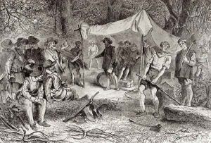 The First Day at Jamestown, 14th May 1607, from The Romance and Tragedy of Pioneer Life by Augustus L. Mason, 1883 by William Ludlow Sheppard