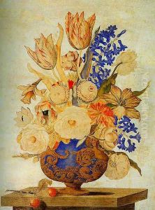 Gilded and Embossed Vase Filled with Snowballs Roses and Tulips by Andrea Scacciati I