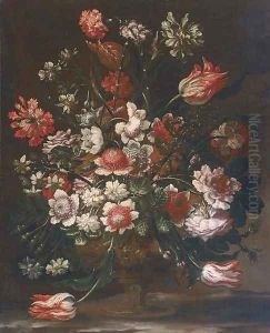 Tulips, carnations, chrysanthemum, narcissi, roses and other flowers in an urn on a marble ledge by Andrea Scacciati I