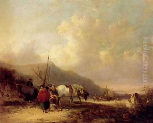 A Busy Beach Scene by Snr William Shayer