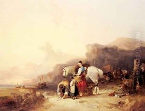 Beach Scene with Fisherfolk by Snr William Shayer