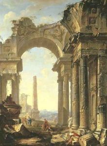 A capriccio of a ruined ionic temple and an obelisk with figures