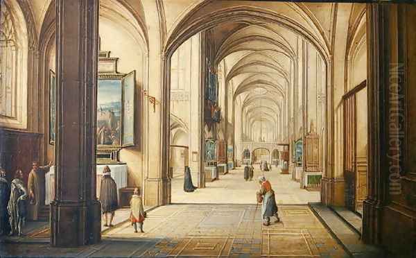 Church interior with a sacristan showing a painting to visitors, 1608 - view 1