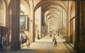 Church interior with a sacristan showing a painting to visitors, 1608