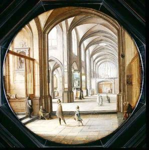 The interior of a cathedral with gentlemen and beggars, 1621 by Hendrick van, the Younger Steenwyck