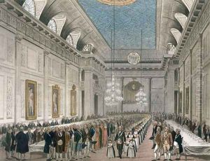 The Procession at Freemasons Hall, Queen Street, on the occasion of the Annual Dinner for young girls assisted by the Order, from Ackermanns Microcosm of London by Joseph Constantine Stadler