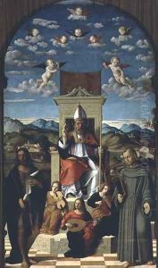 St. Thomas a Becket 1118-70 Enthroned with SS. Francis and John the Baptist 1520 by Girolamo da Santacroce