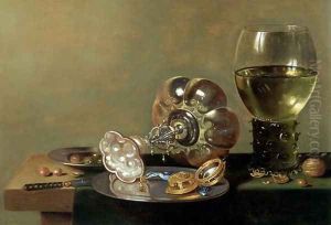A still life with glass of wine, tazza and a pewter plate by Hans van Sant