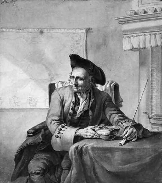 An elegant man seated at a table in an interior, holding a pipe - view 1