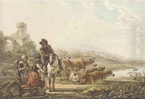 An extensive river landscape with peasants and cattle by Jacob van Strij