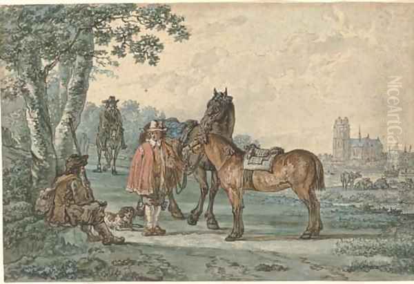 Horsemen on a path with Dordrecht in the distance - view 1