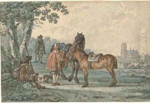 Horsemen on a path with Dordrecht in the distance by Jacob van Strij