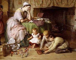 The Soldiers Wife, detail of the mother and boys playing soldiers, 1878 by George Smith