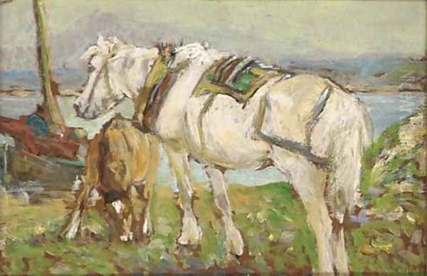 Ponies on the banks of a loch - view 1