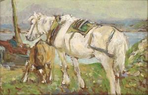 Ponies on the banks of a loch by George Smith