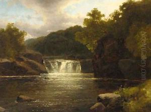 A waterfall in a wooded river valley, Devon