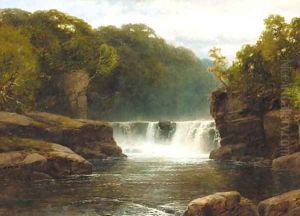 A waterfall in a wooded river valley