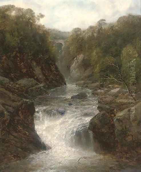 A waterfall in a narrow valley, a bridge beyond - view 1