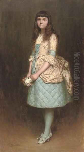 Portrait of Eva MacKintosh, full-length, in a blue dress with a cream flower covered bustle swag and bodice, holding a posy of flowers - view 1