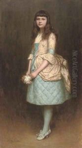 Portrait of Eva MacKintosh, full-length, in a blue dress with a cream flower covered bustle swag and bodice, holding a posy of flowers by Charles A. Sellar