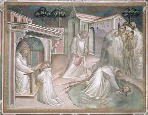 Maurus Saves Placidus, detail the Life of Saint Benedict c.480-c.550, in the Sacristy, 1387 by Luca Spinello Aretino