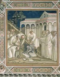 The Heavy Stone, detail from the Life of St Benedict c.480-c.550, in the Sacristy, 1387