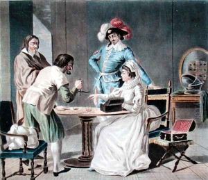 Henri II, Duke of Montmorency 1595-1632 buying diamonds from his wife in order to fight the Calvinists, engraved by Jean Baptiste Morret fl.1790-1820 by Antoine Louis Francois Sergent-Marceau