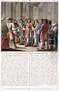 The Prince de Conti 1664-1709 praises the Duke of Luxembourg 1628-95 after his victory at the Battle of Neerwinden 1693, engraved by Jean Baptiste Morret fl.1790-1820, 1788