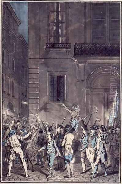 The mob roaming the streets of Paris carrying torches at night in July 1789 - view 1