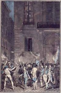 The mob roaming the streets of Paris carrying torches at night in July 1789 by Antoine Louis Francois Sergent-Marceau