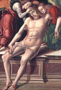 Dead Christ supported by two angels by Giovanni Santi or Sanzio
