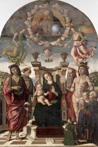 The Madonna and Child Enthroned with Saints by Giovanni Santi or Sanzio