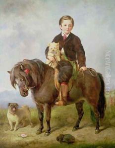 John Samuel Bradford as a boy seated on a shetland pony with a pug dog by Gourlay Steell
