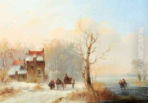 A Winter Landscape With Skaters On A Frozen waterway And A Horse-drawn Cart On A Snow-covered Track by Jacobus Van Der Stok