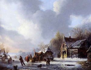 Skaters On A Frozen River Near A 'Koek En Zopie'