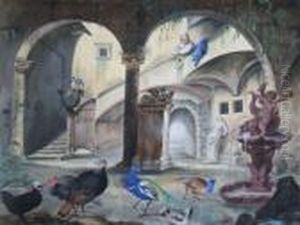Peacocks, Turkeys An Other Fowl By A Fountain In A Courtyard