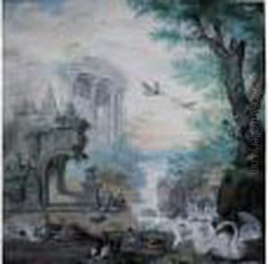 Swans, Heron And Duck Near Classical Ruins In A Lake Landscape by Aert Schouman