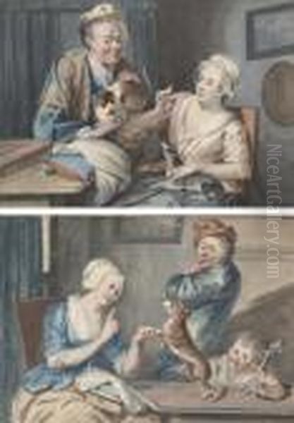 Un Couple Avec Un Chien Et Un 
Chat Dans Un Interieur; Et Une Famille Jouant Avec Un Chien Dans Un 
Interieur - view 1