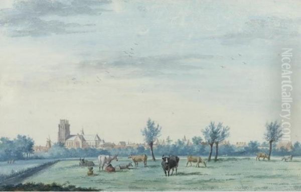 View Of Dordrecht From The South-west, With Cattle And A Milkmaid In The Foreground - view 1