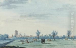 View Of Dordrecht From The South-west, With Cattle And A Milkmaid In The Foreground by Aert Schouman