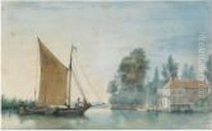A Boat Approaching A Mill On The Papendrecht Dike, By Dordrecht