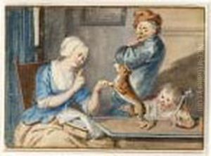 A) A Couple In An Interior With A
Cat And A Dog; B) A Couple And Child In An Interior Teasing A Dog by Aert Schouman