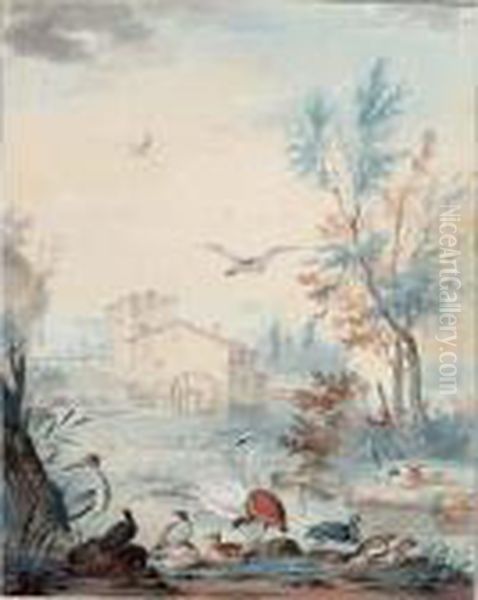 A) A Southern Landscape With A 
Peacock, A Monkey, Parrots, Hens And Chicks; B) A River Landscape With A
 Watermill, A Swan And Other Waterbirds In The Foreground - view 1