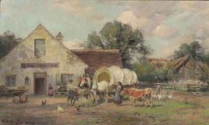 Horses resting by a tavern