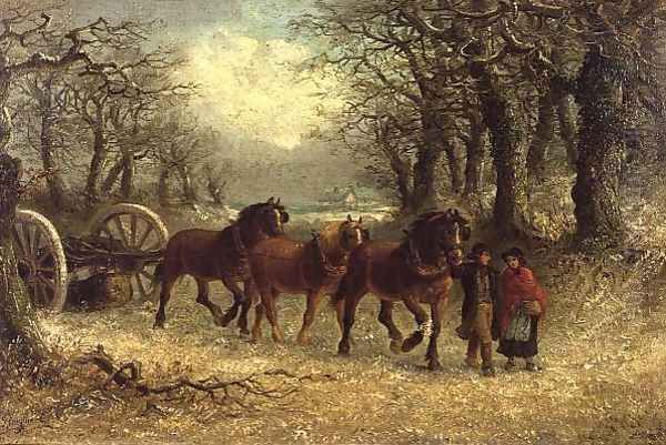 Couple leading a horse-drawn logging cart in winter - view 1
