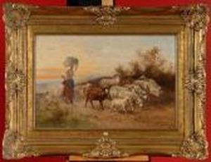 Bergere Et Son Troupeau Au Crepuscule by Henry Schouten