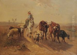 Boer Te Paard Met Koeien En Schapenop De Heide