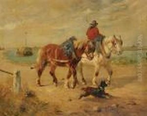 Garnaalvisser Met Twee Paarden Enhond Aan Het Strand by Henry Schouten